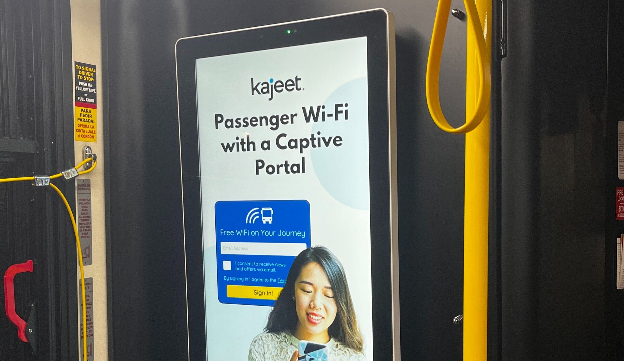 Picture of Kajeet Transit digital signage on an LBT bus