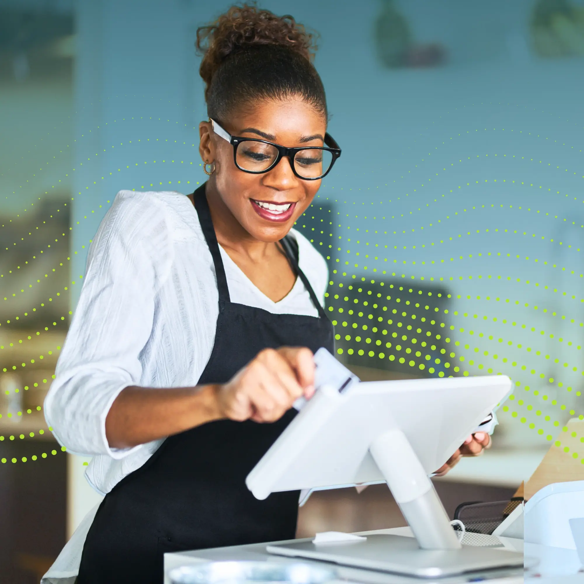 Cashier using internet-failover-protected POS terminal - graphic photo