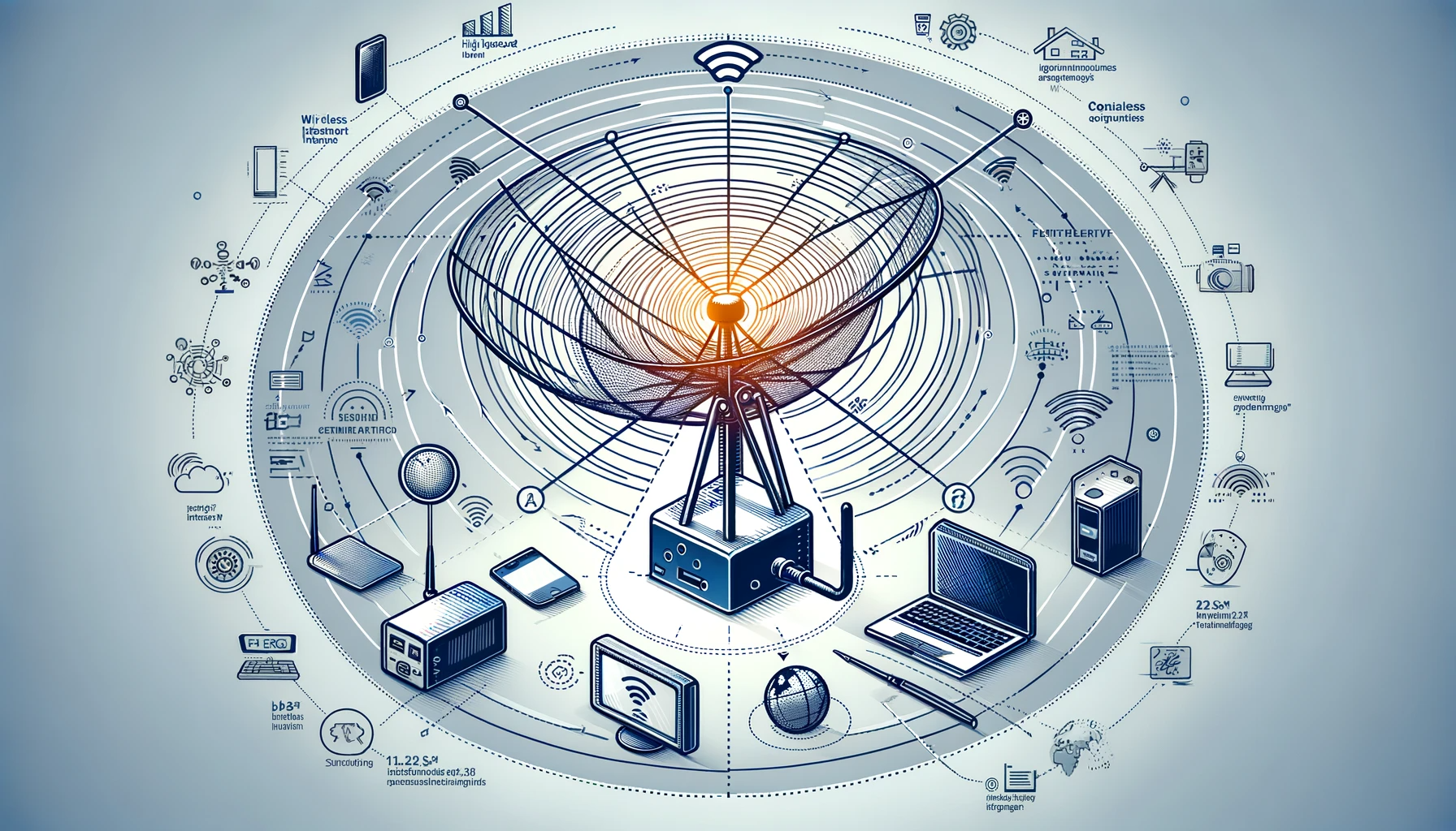 Dish antenna at the center of signal rings linking laptops, phones, routers and other devices - graphic