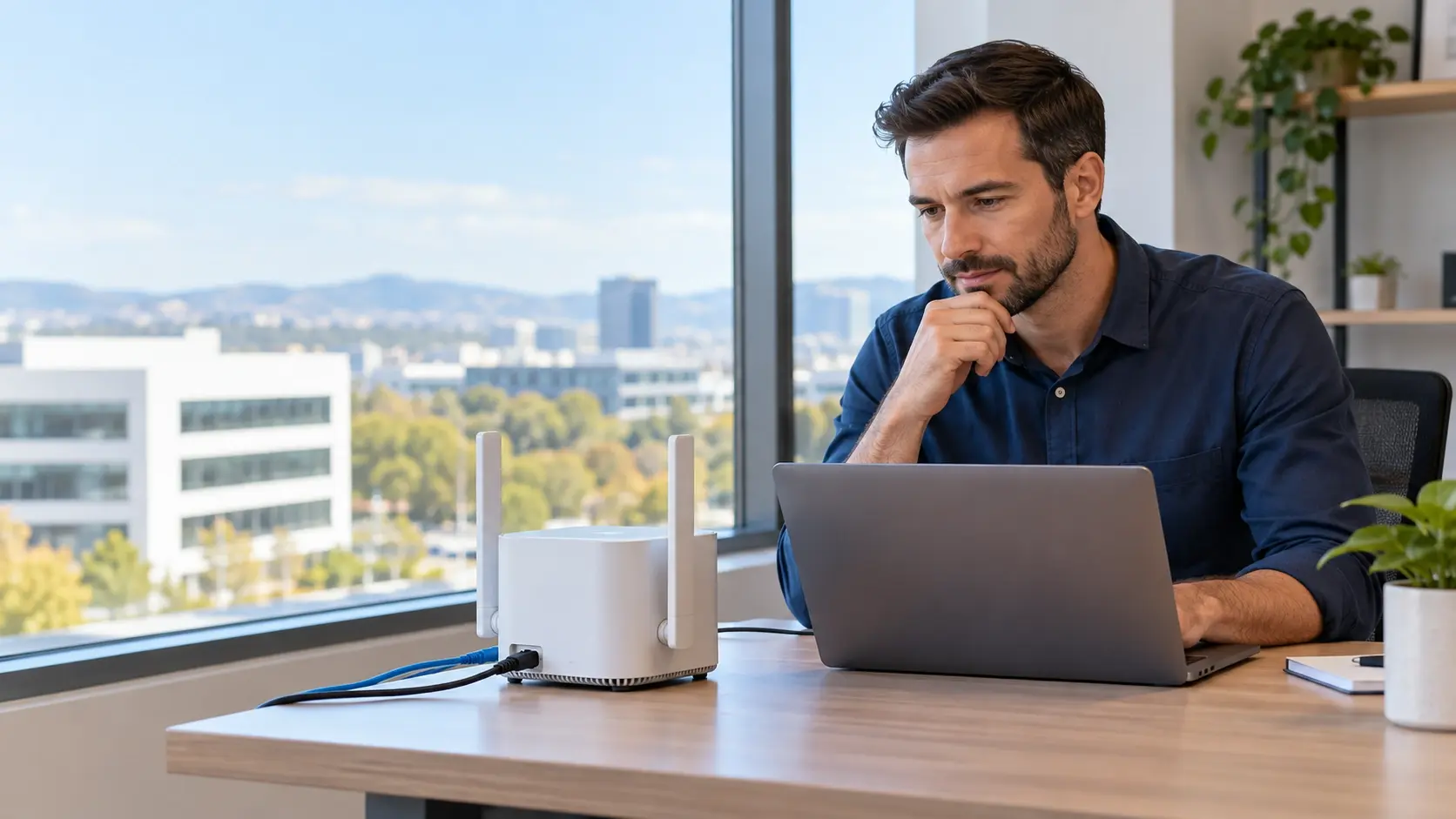 IT manager evaluating 5G fixed wireless gateway in office - photo
