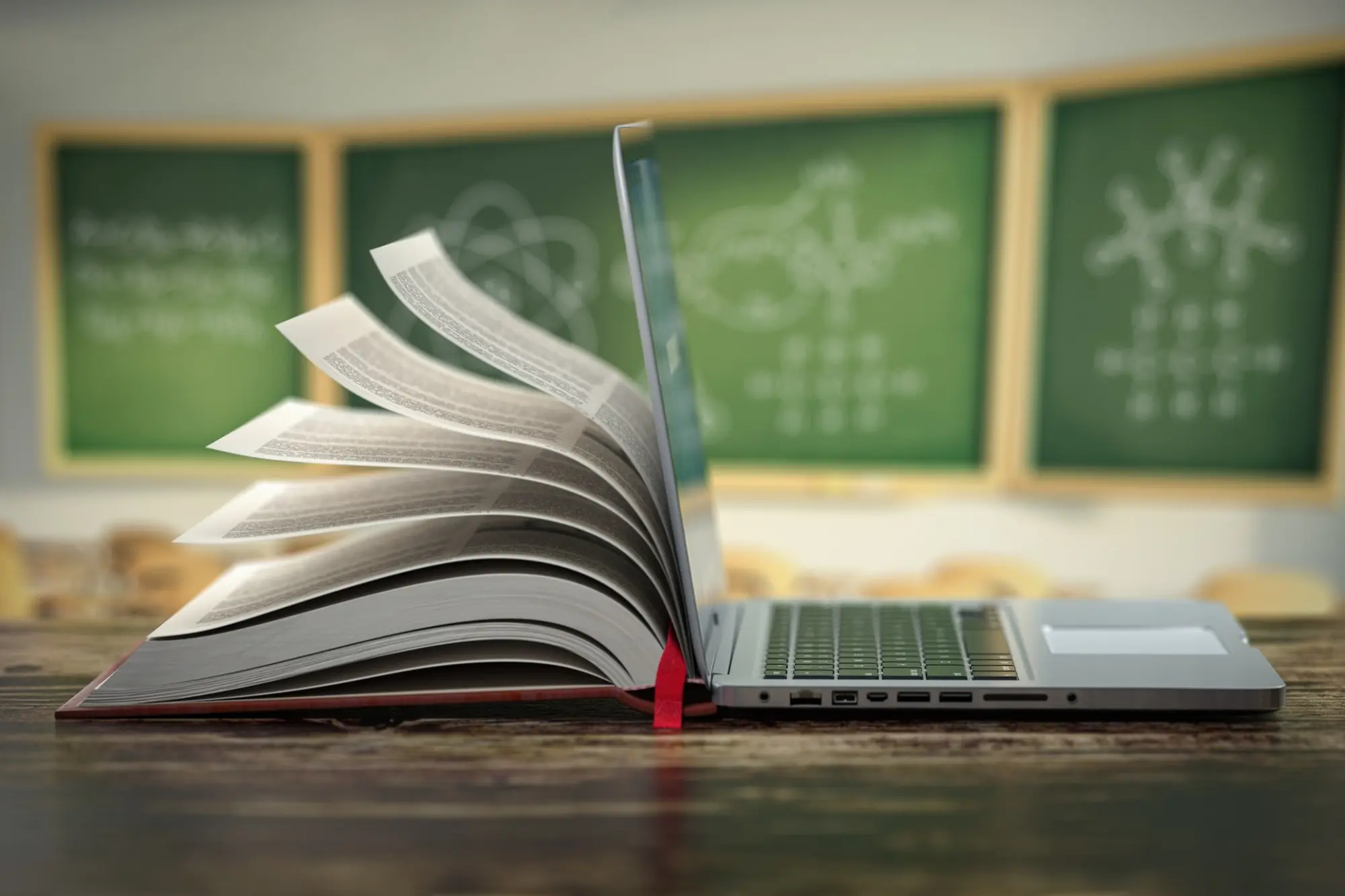 Open textbook sitting against cellular laptop on classroom desk - AI image