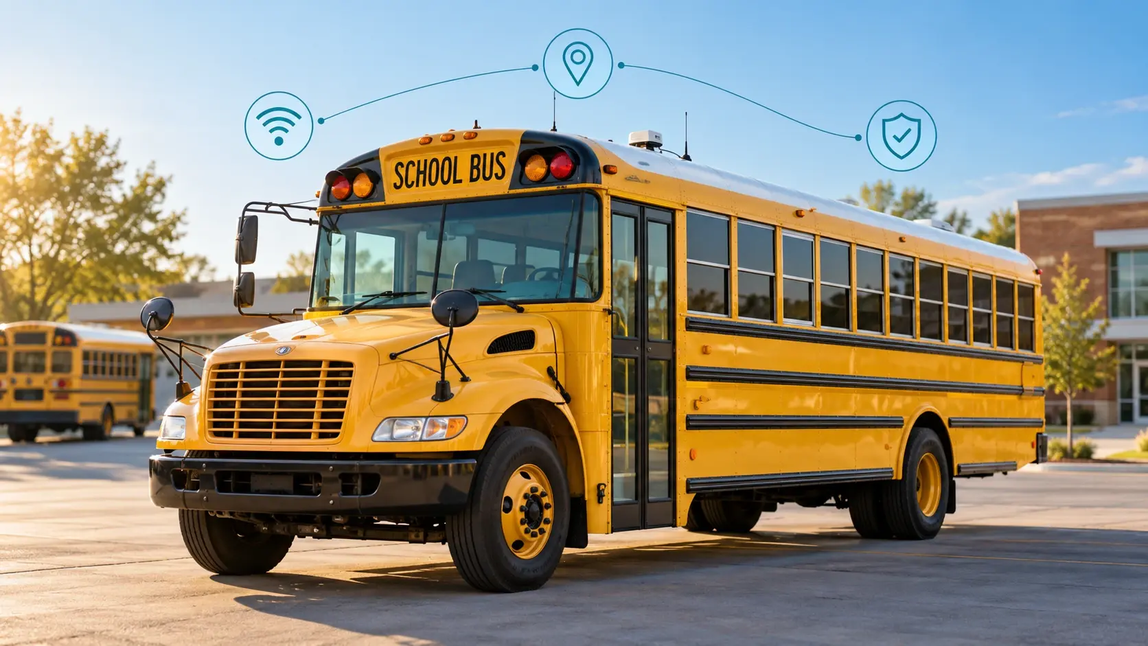 School bus equipped with on-board Wi-Fi parked in front of a school building - photo with graphics