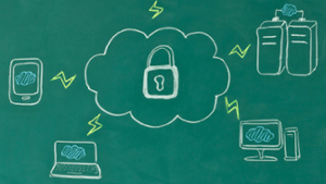 Chalkboard sketch of a padlocked cloud connecting a phone, laptop, desktop and servers - graphic