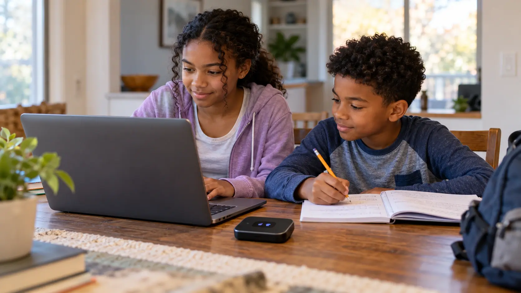 Young students doing homework while sharing a laptop connected via Wi-Fi hotspot - photo